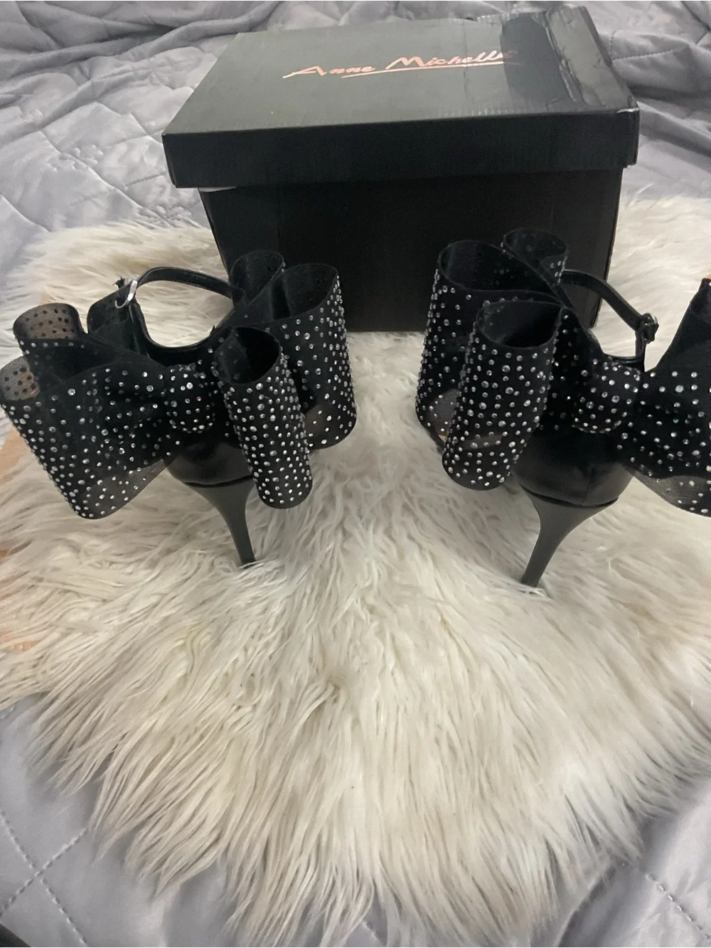 Anne Michelle Black Bow Ankle-Strap Heels with Studded Detail
